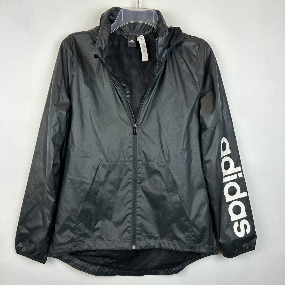 Adidas Windbreaker Mens S Jacket Black Arm Spell Out Full Zip Hooded